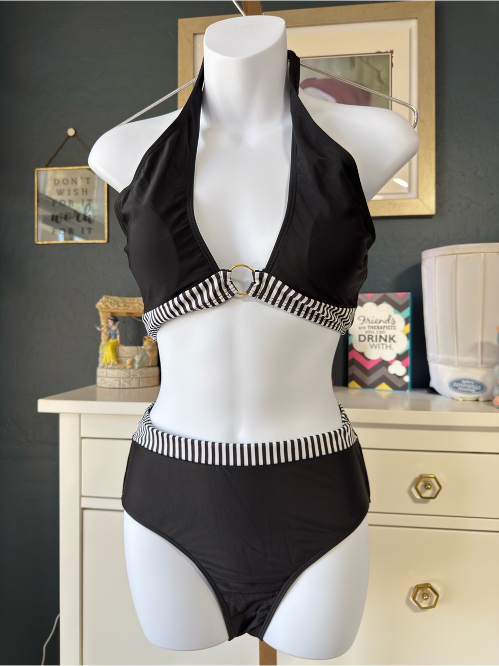 Cupshe Black Halter Bikini with Black-and-White Striped Trim